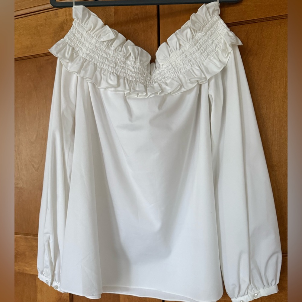 Elie Tahari White Off-Shoulder Ruffle Blouse